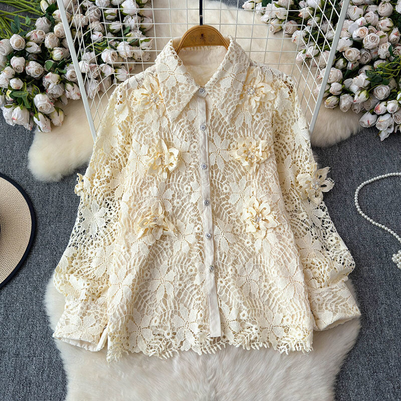 EWQ Simplicity Mežģīņu krekls Sievietēm Daudzpusīgs Atloks Apkakle Laternas Piedurknes Ikdienas Tops Apģērbs 2024 Vasara Jauns 27X308