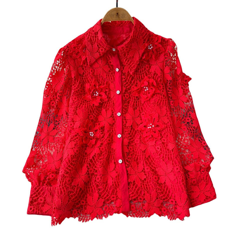 EWQ Simplicity Mežģīņu krekls Sievietēm Daudzpusīgs Atloks Apkakle Laternas Piedurknes Ikdienas Tops Apģērbs 2024 Vasara Jauns 27X308