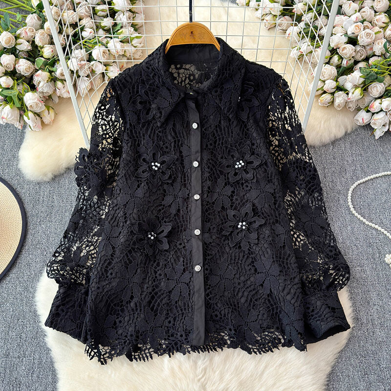 EWQ Simplicity Mežģīņu krekls Sievietēm Daudzpusīgs Atloks Apkakle Laternas Piedurknes Ikdienas Tops Apģērbs 2024 Vasara Jauns 27X308