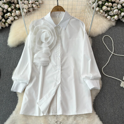 „High Street“ palaidinės, nišinio dizaino, klostuoti marškiniai su didelėmis gėlėmis moteriški vasariniai laisvi ilgomis rankovėmis prašmatniu atvartu Tvirta madinga palaidinė