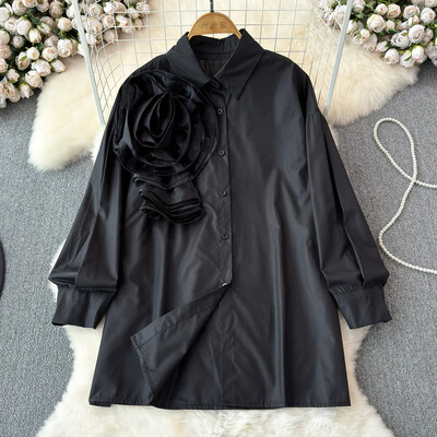 „High Street“ palaidinės, nišinio dizaino, klostuoti marškiniai su didelėmis gėlėmis moteriški vasariniai laisvi ilgomis rankovėmis prašmatniu atvartu Tvirta madinga palaidinė