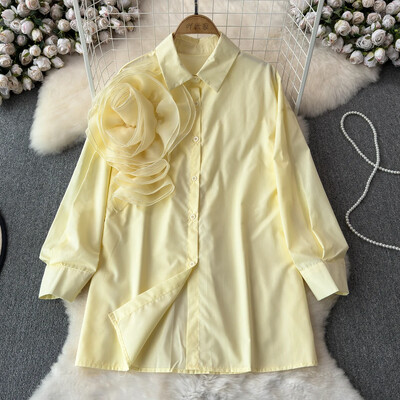 „High Street“ palaidinės, nišinio dizaino, klostuoti marškiniai su didelėmis gėlėmis moteriški vasariniai laisvi ilgomis rankovėmis prašmatniu atvartu Tvirta madinga palaidinė