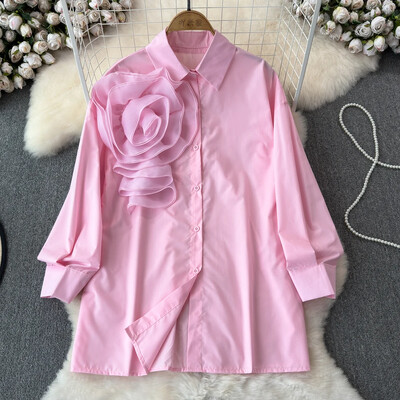 „High Street“ palaidinės, nišinio dizaino, klostuoti marškiniai su didelėmis gėlėmis moteriški vasariniai laisvi ilgomis rankovėmis prašmatniu atvartu Tvirta madinga palaidinė
