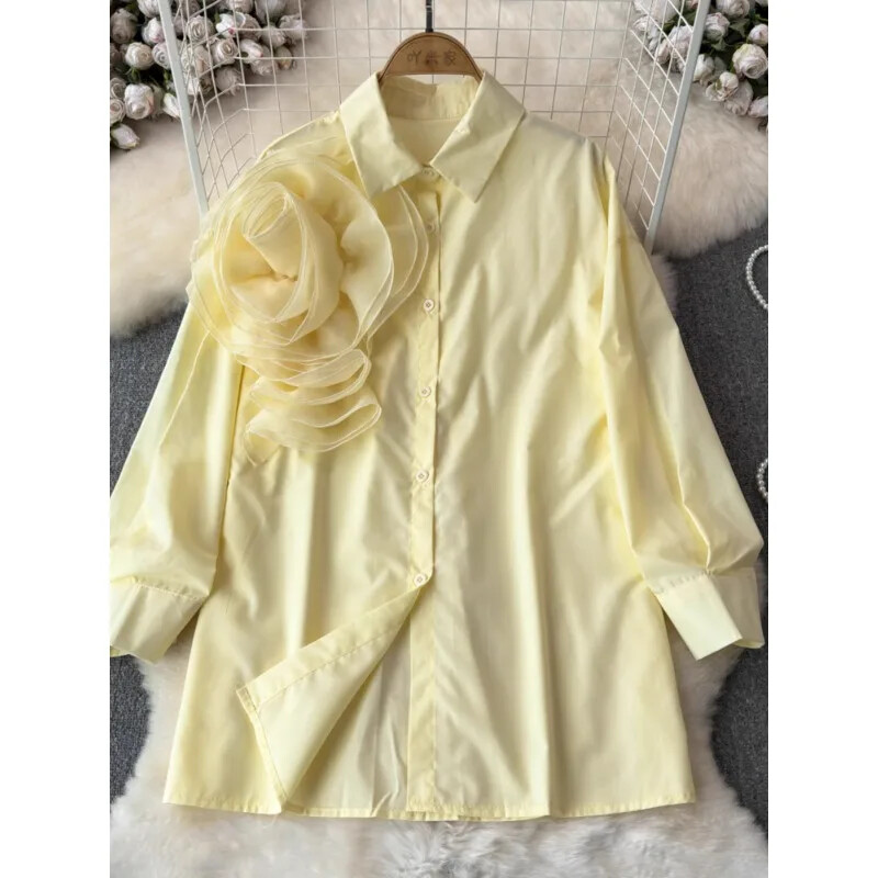 „High Street“ palaidinės, nišinio dizaino, klostuoti marškiniai su didelėmis gėlėmis moteriški vasariniai laisvi ilgomis rankovėmis prašmatniu atvartu Tvirta madinga palaidinė