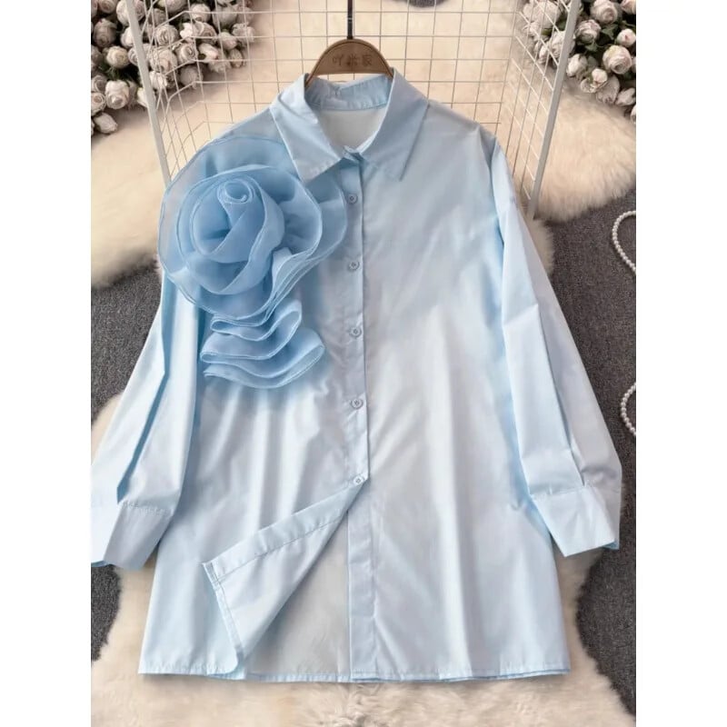 „High Street“ palaidinės, nišinio dizaino, klostuoti marškiniai su didelėmis gėlėmis moteriški vasariniai laisvi ilgomis rankovėmis prašmatniu atvartu Tvirta madinga palaidinė