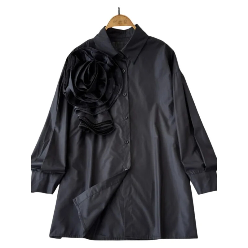 „High Street“ palaidinės, nišinio dizaino, klostuoti marškiniai su didelėmis gėlėmis moteriški vasariniai laisvi ilgomis rankovėmis prašmatniu atvartu Tvirta madinga palaidinė