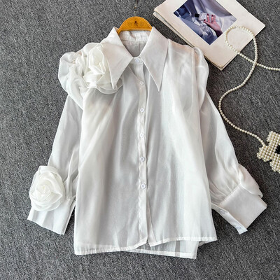 EWQ alkalmi 3D virágos ing női hajtókás galléros hosszú ujjú sokoldalú tömör laza szabású napvédő felsőruha 27X906