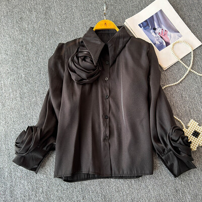 EWQ alkalmi 3D virágos ing női hajtókás galléros hosszú ujjú sokoldalú tömör laza szabású napvédő felsőruha 27X906