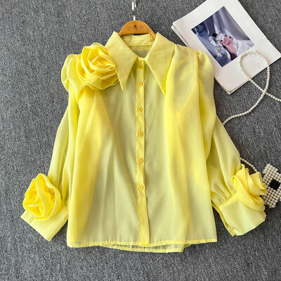 EWQ alkalmi 3D virágos ing női hajtókás galléros hosszú ujjú sokoldalú tömör laza szabású napvédő felsőruha 27X906