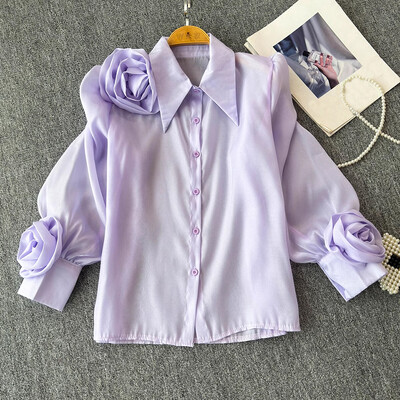 EWQ alkalmi 3D virágos ing női hajtókás galléros hosszú ujjú sokoldalú tömör laza szabású napvédő felsőruha 27X906