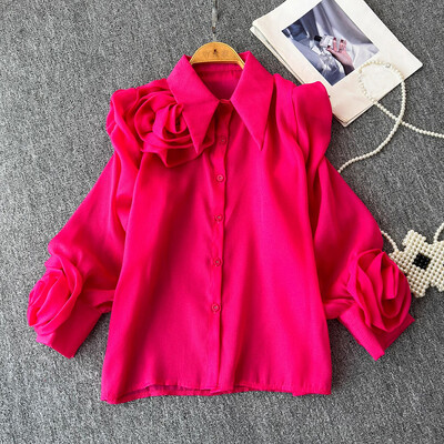 EWQ alkalmi 3D virágos ing női hajtókás galléros hosszú ujjú sokoldalú tömör laza szabású napvédő felsőruha 27X906