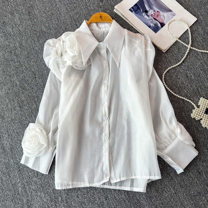 EWQ alkalmi 3D virágos ing női hajtókás galléros hosszú ujjú sokoldalú tömör laza szabású napvédő felsőruha 27X906