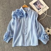 3D Virágos Női Blúz Lehajtható gallér hajtóka Egyetlen, hosszú, felfújt ujjú ingek Tavaszi sokoldalú női bluza dropshipping