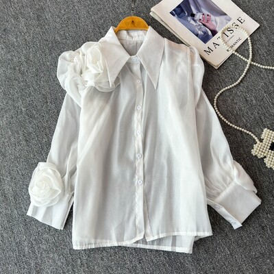 3D Virágos Női Blúz Lehajtható gallér hajtóka Egyetlen, hosszú, felfújt ujjú ingek Tavaszi sokoldalú női bluza dropshipping