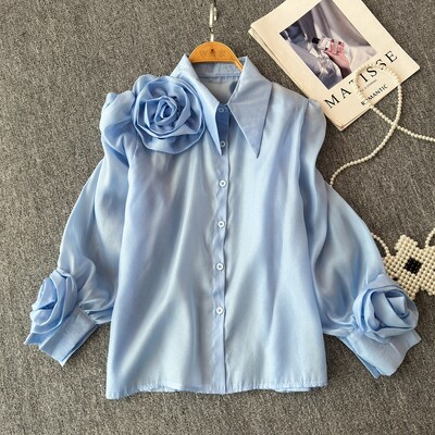 3D Virágos Női Blúz Lehajtható gallér hajtóka Egyetlen, hosszú, felfújt ujjú ingek Tavaszi sokoldalú női bluza dropshipping