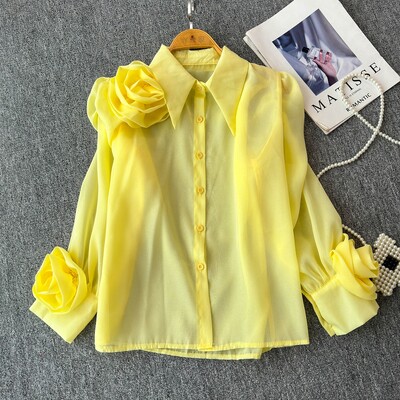 3D Virágos Női Blúz Lehajtható gallér hajtóka Egyetlen, hosszú, felfújt ujjú ingek Tavaszi sokoldalú női bluza dropshipping