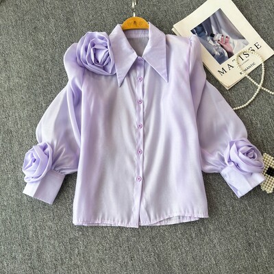 3D Virágos Női Blúz Lehajtható gallér hajtóka Egyetlen, hosszú, felfújt ujjú ingek Tavaszi sokoldalú női bluza dropshipping