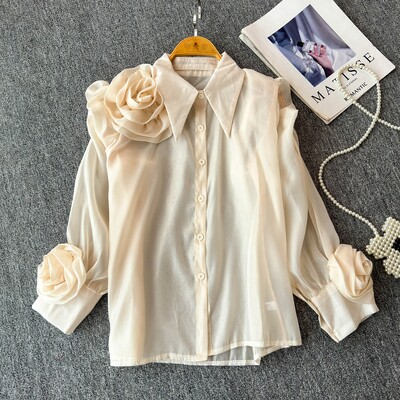 3D Virágos Női Blúz Lehajtható gallér hajtóka Egyetlen, hosszú, felfújt ujjú ingek Tavaszi sokoldalú női bluza dropshipping