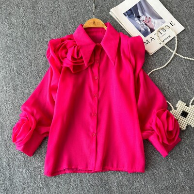 3D Virágos Női Blúz Lehajtható gallér hajtóka Egyetlen, hosszú, felfújt ujjú ingek Tavaszi sokoldalú női bluza dropshipping