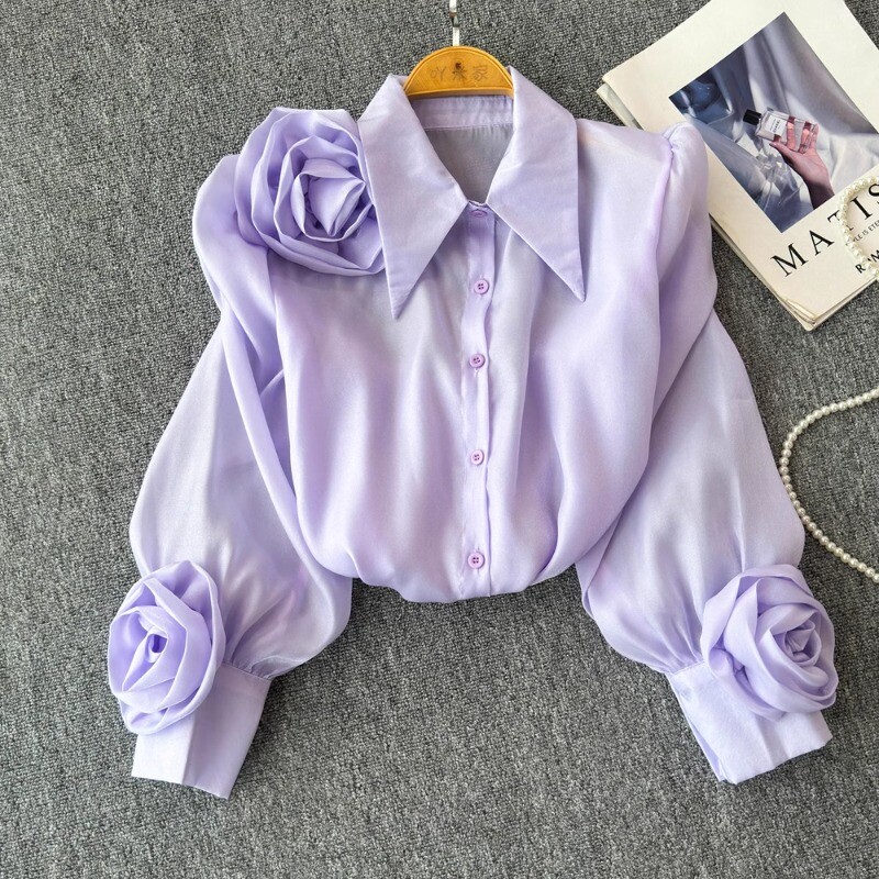 3D Virágos Női Blúz Lehajtható gallér hajtóka Egyetlen, hosszú, felfújt ujjú ingek Tavaszi sokoldalú női bluza dropshipping