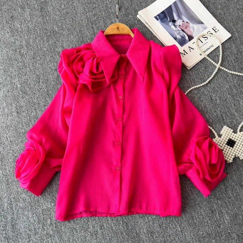 3D Virágos Női Blúz Lehajtható gallér hajtóka Egyetlen, hosszú, felfújt ujjú ingek Tavaszi sokoldalú női bluza dropshipping