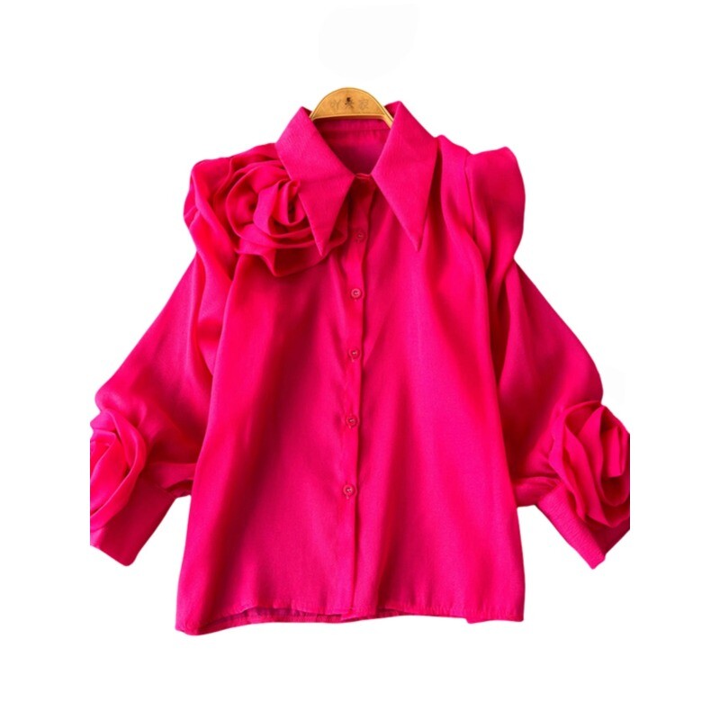 3D Virágos Női Blúz Lehajtható gallér hajtóka Egyetlen, hosszú, felfújt ujjú ingek Tavaszi sokoldalú női bluza dropshipping