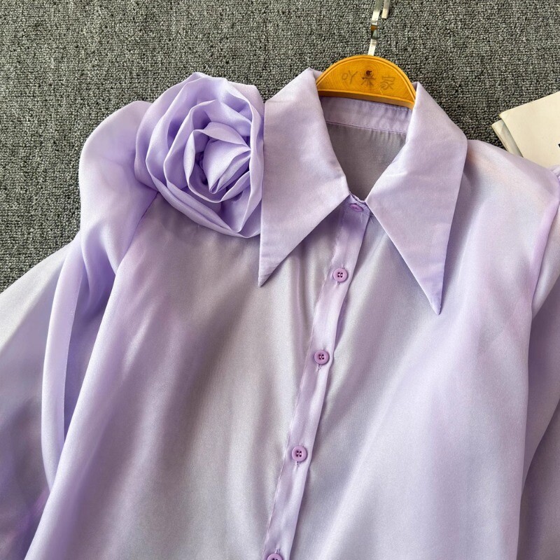 3D Virágos Női Blúz Lehajtható gallér hajtóka Egyetlen, hosszú, felfújt ujjú ingek Tavaszi sokoldalú női bluza dropshipping