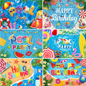 Nyári medenceparti háttér hawaii úszás strandlabda flamingó mentőgyűrű léggömb születésnapi parti ünnepi fotózás háttér