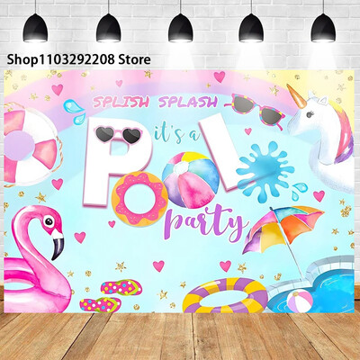 Nyári medenceparti háttér hawaii úszás strandlabda flamingó mentőgyűrű léggömb születésnapi parti ünnepi fotózás háttér