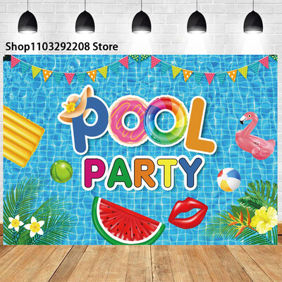 Nyári medenceparti háttér hawaii úszás strandlabda flamingó mentőgyűrű léggömb születésnapi parti ünnepi fotózás háttér