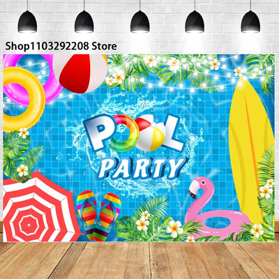 Nyári medenceparti háttér hawaii úszás strandlabda flamingó mentőgyűrű léggömb születésnapi parti ünnepi fotózás háttér