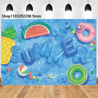 Nyári medenceparti háttér hawaii úszás strandlabda flamingó mentőgyűrű léggömb születésnapi parti ünnepi fotózás háttér