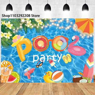 Nyári medenceparti háttér hawaii úszás strandlabda flamingó mentőgyűrű léggömb születésnapi parti ünnepi fotózás háttér