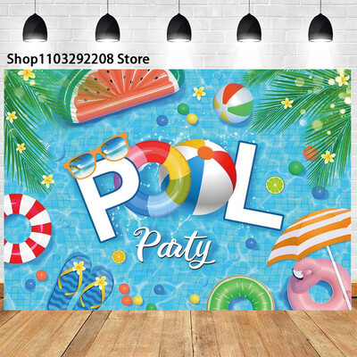 Nyári medenceparti háttér hawaii úszás strandlabda flamingó mentőgyűrű léggömb születésnapi parti ünnepi fotózás háttér
