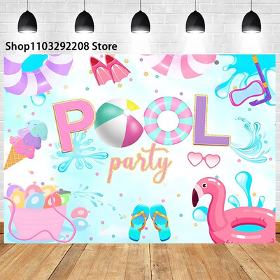 Nyári medenceparti háttér hawaii úszás strandlabda flamingó mentőgyűrű léggömb születésnapi parti ünnepi fotózás háttér