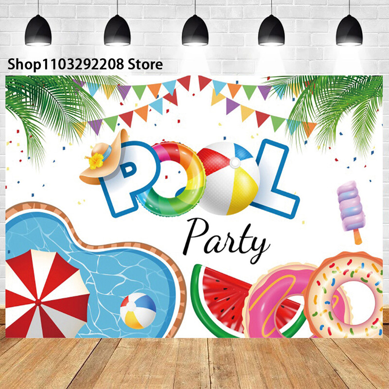 Nyári medenceparti háttér hawaii úszás strandlabda flamingó mentőgyűrű léggömb születésnapi parti ünnepi fotózás háttér