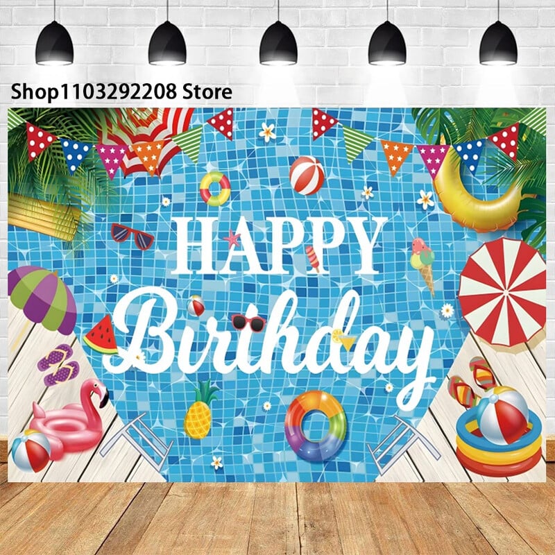 Nyári medenceparti háttér hawaii úszás strandlabda flamingó mentőgyűrű léggömb születésnapi parti ünnepi fotózás háttér