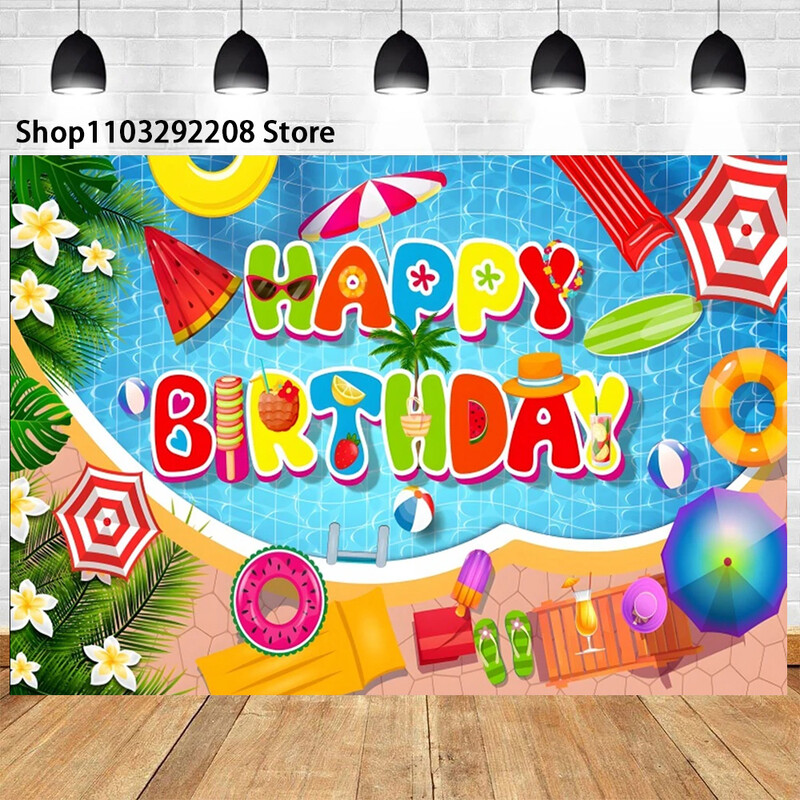 Nyári medenceparti háttér hawaii úszás strandlabda flamingó mentőgyűrű léggömb születésnapi parti ünnepi fotózás háttér