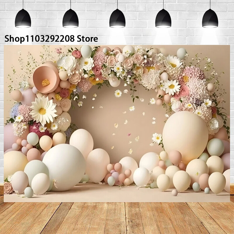 Léggömb virágos íves ajtó téma Újszülött első születésnapja fotózáshoz Babazuhany esküvői party háttér fotóstúdió