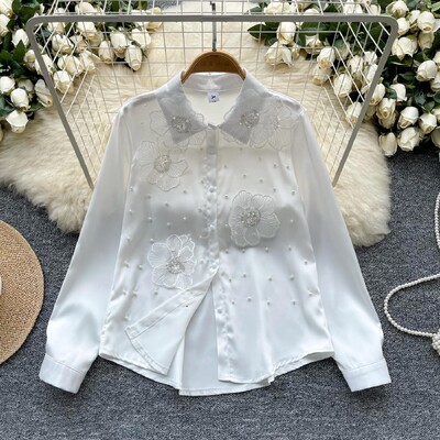Francia retro fehér gyöngyös flitteres, egysoros, hosszú ujjú női ing 2024. ősz, új, fekete hímzett virágblúzok felsők