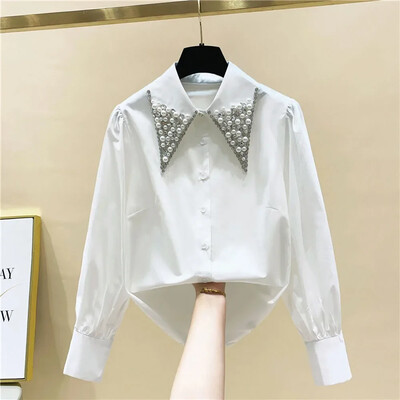 Kvaliteetne Pearls Diamonds Collar Valge särk Naiste topid Mujer 2024 Kevad Uus Saabumine Elegantne pluus Tops Camisas Mujer D194