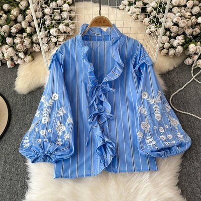 EWQ édes virágos csíkos nyomtatású blúz női fodros kötszer Lámpás ujjú bő ing alkalmi 2024 új ruházat 27X1055