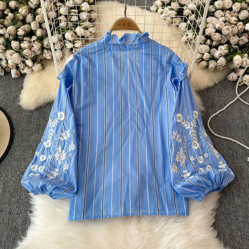 EWQ édes virágos csíkos nyomtatású blúz női fodros kötszer Lámpás ujjú bő ing alkalmi 2024 új ruházat 27X1055