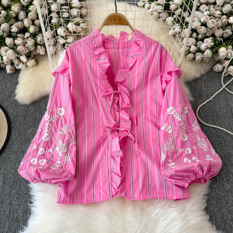 EWQ édes virágos csíkos nyomtatású blúz női fodros kötszer Lámpás ujjú bő ing alkalmi 2024 új ruházat 27X1055