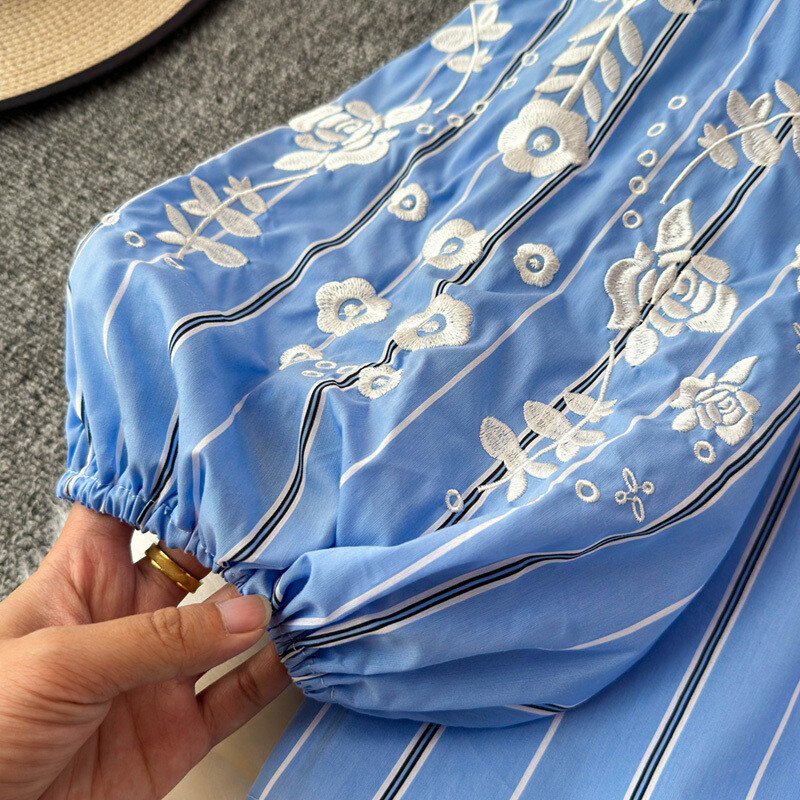 EWQ édes virágos csíkos nyomtatású blúz női fodros kötszer Lámpás ujjú bő ing alkalmi 2024 új ruházat 27X1055