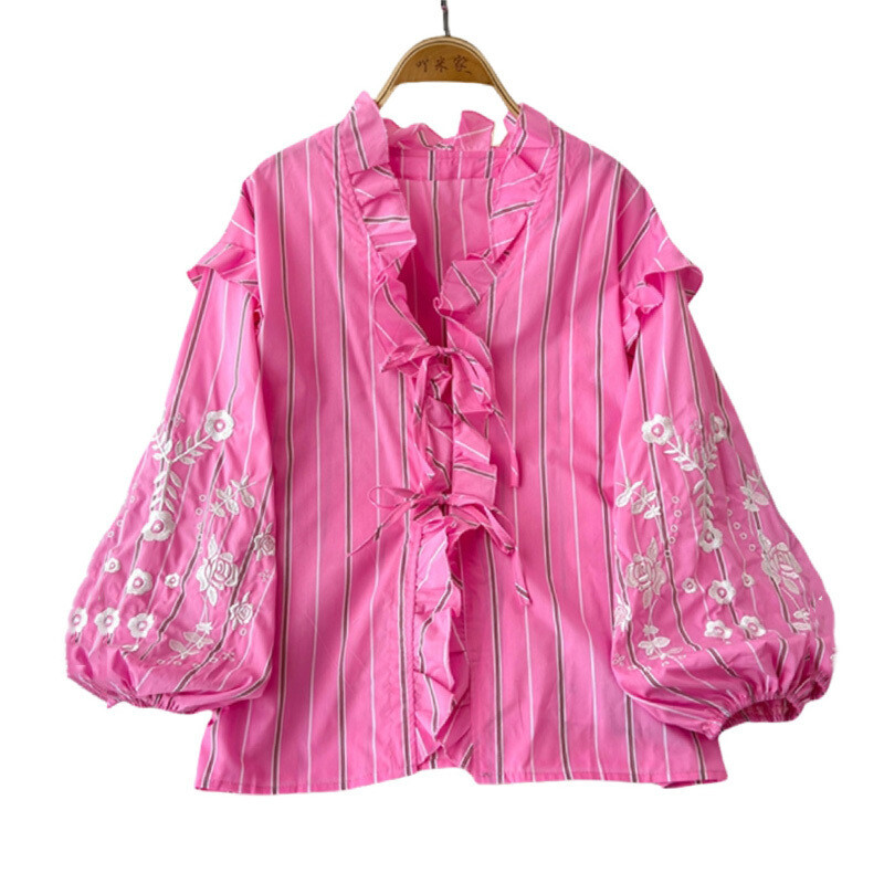 EWQ édes virágos csíkos nyomtatású blúz női fodros kötszer Lámpás ujjú bő ing alkalmi 2024 új ruházat 27X1055