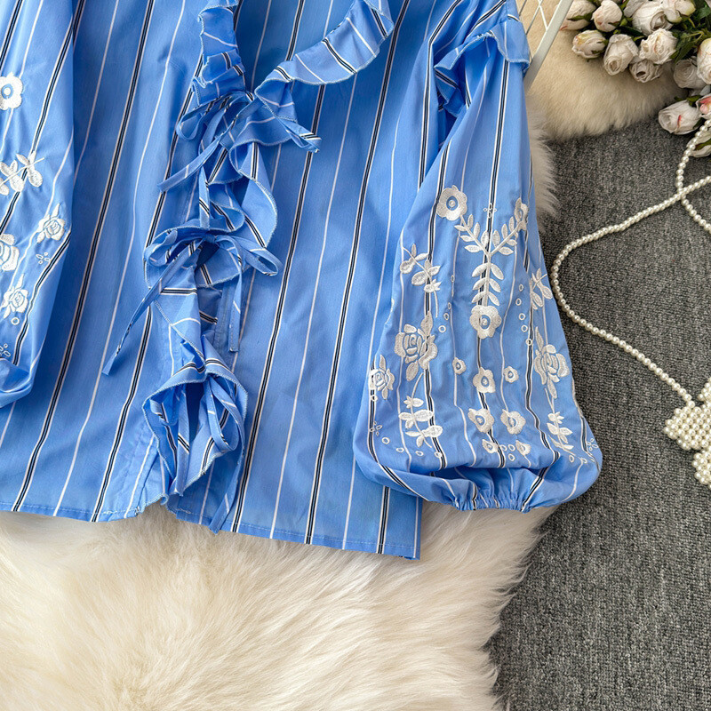 EWQ édes virágos csíkos nyomtatású blúz női fodros kötszer Lámpás ujjú bő ing alkalmi 2024 új ruházat 27X1055