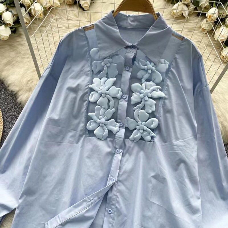 Virágok Stitch Túlméretes pamut középhosszú ingek Blúzok női 2024-es őszi gombokkal felfelé bő felső blusák