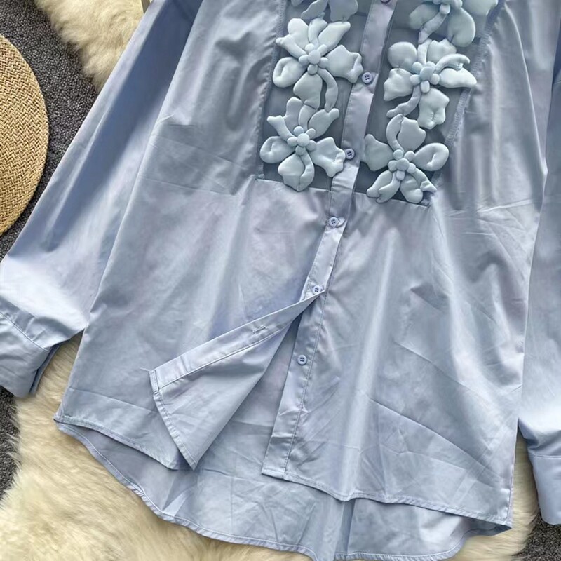 Virágok Stitch Túlméretes pamut középhosszú ingek Blúzok női 2024-es őszi gombokkal felfelé bő felső blusák