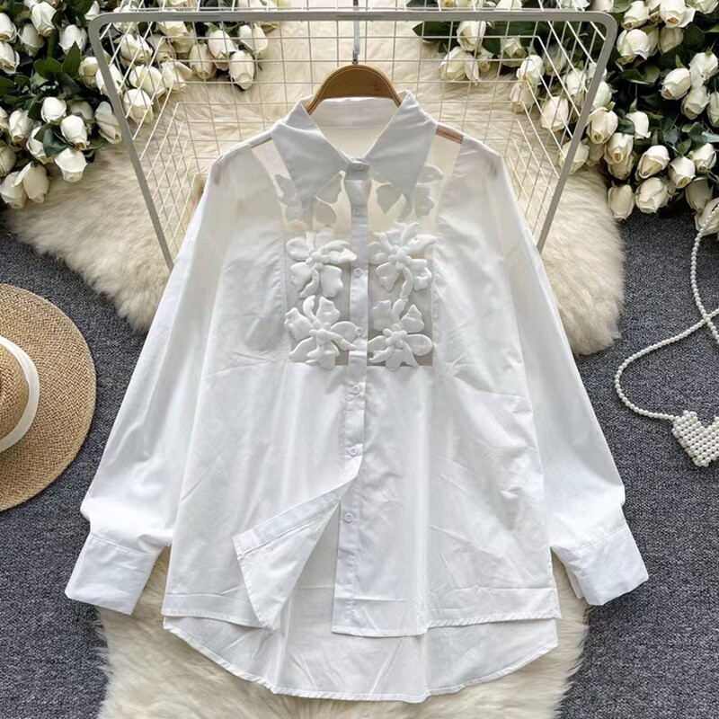 Virágok Stitch Túlméretes pamut középhosszú ingek Blúzok női 2024-es őszi gombokkal felfelé bő felső blusák